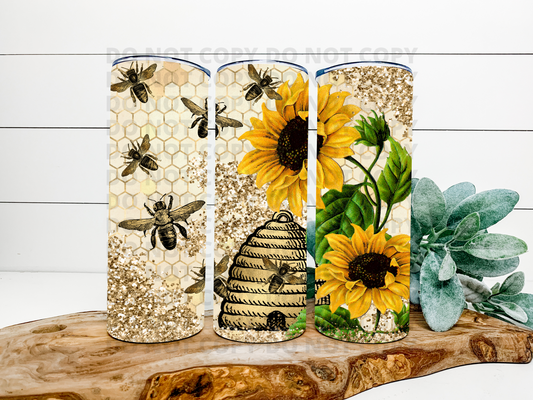 Bee Hive Sunflower Glitter Stainless Steel Tumbler