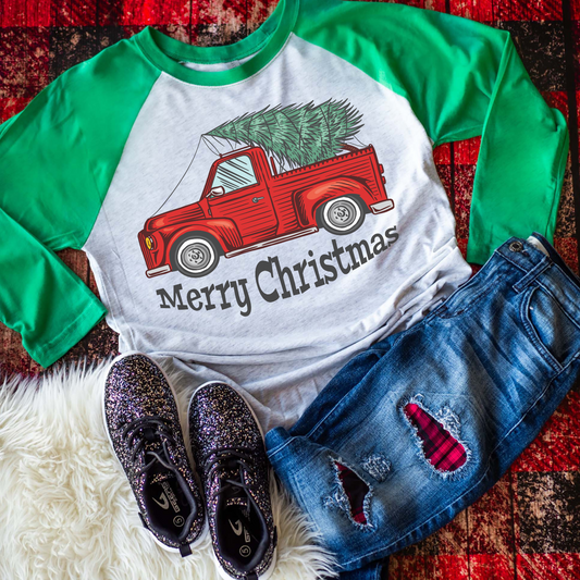 Merry Christmas Tree Truck - Raglan Tee