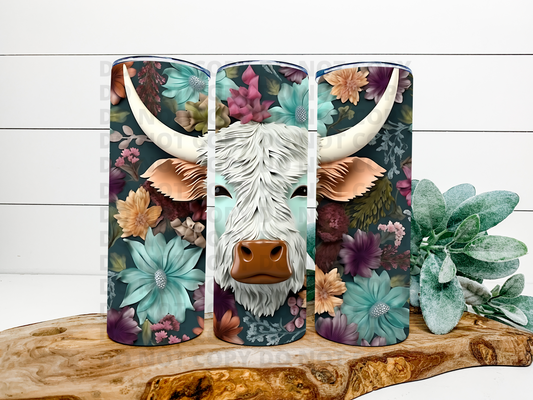 Blue & Purple Floral Highland Cow 3D Tumbler